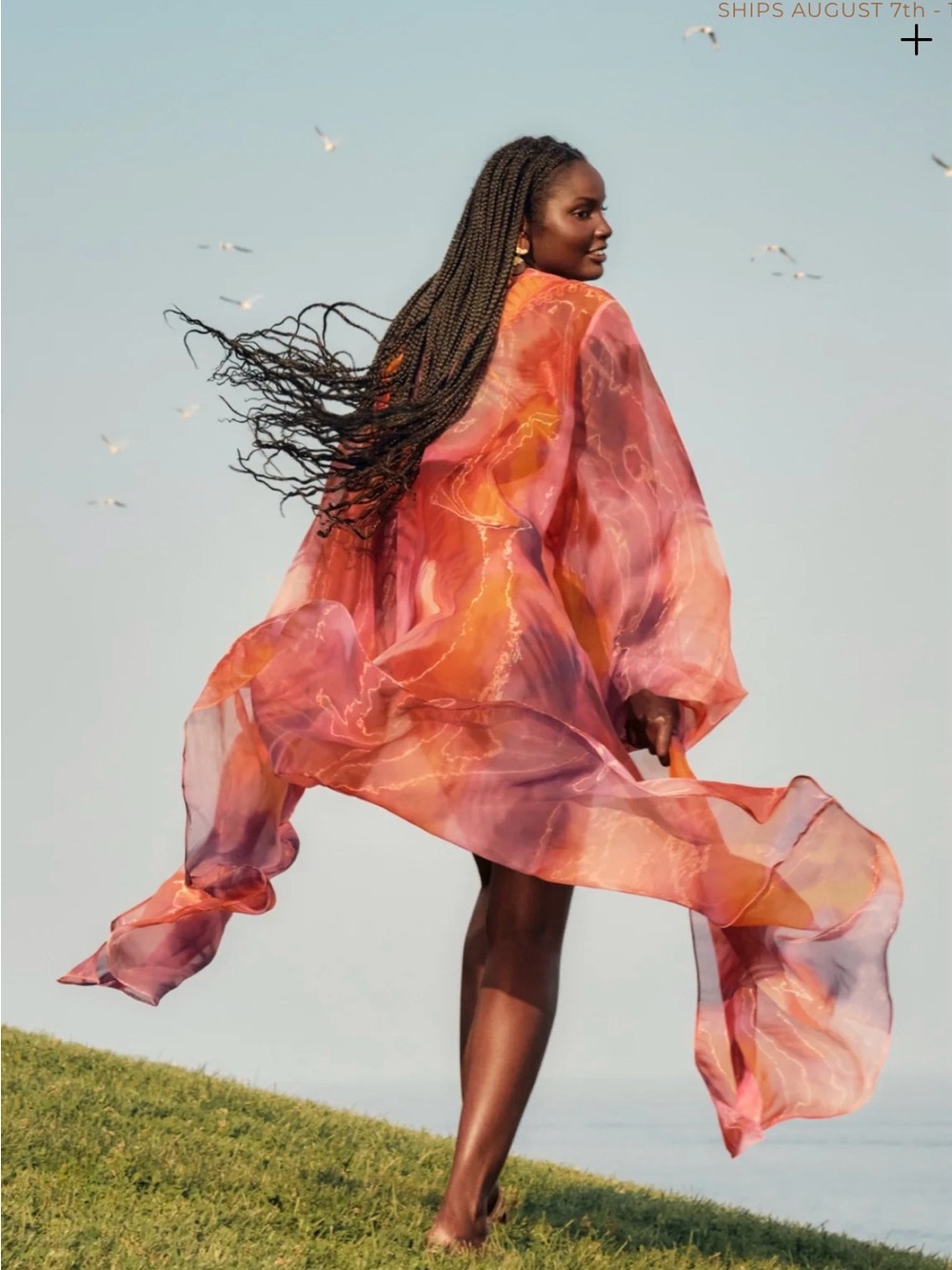 Andrea Iyamah Sheer Watercolor Maxi Kaftan in Pink and Purple - Picture 3 of 6